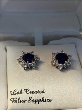 NWT Lab-Created Blue and White Sapphire Halo Earrings - Sterling silver.